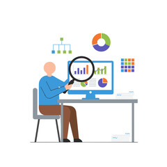 Fototapeta premium A flat illustration of office workers examining and researching business data, set against a white background