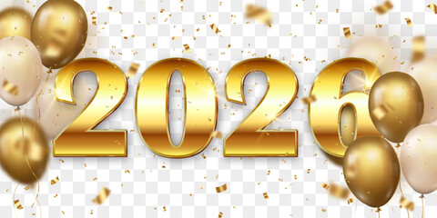 Vector festive 2026 New Year confetti and flying balloons png. Golden bright confetti falls. Vector celebration background with confetti and 3d helium balloons. Isolated on transparent background.