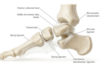 Detailed 3D medical illustration showcasing the ligaments and joints of the human foot and ankle.
