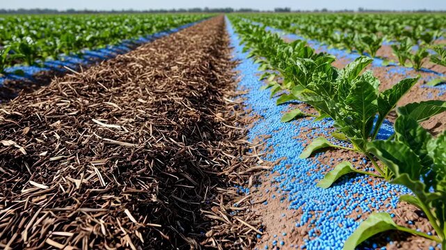 Medium shot capturing the contrast between organic mulch and synthetic fertilizer application on adjacent sugar beet rows emphasizing different fertilization methods.