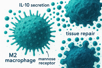 Microscopic view of M2 macrophages and IL-10 secretion for tissue repair, conceptual scientific illustration