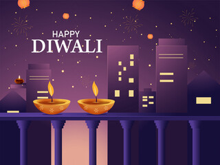 Happy Diwali Indian festival of lights. Vector illustration of cityscape or landscape background with Lanterns and firecrackers for celebration.