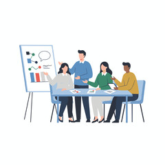 Illustration concept of business professionals collaborating in a shared space; a flat illustration set against a white background