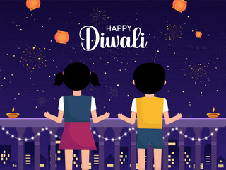 Happy Diwali Indian festival of lights. Vector illustration of landscape background with kids watching fireworks in the sky.