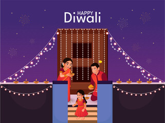 Happy Diwali Indian festival of lights. Vector illustration of landscape background with family enjoying festival.