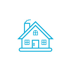 Teal Outline of House with Windows, Door, Chimney, Smoke with Transparent Background