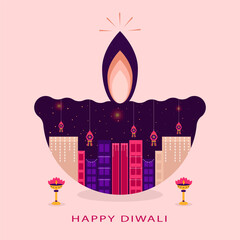 Creative Abstract vector illustration of a oil lamp lighting with a cityscape vibrant, colorful celebration background.
