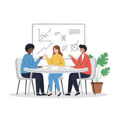 A vector illustration concept depicting a group of people brainstorming a business plan in an office, presented as a flat illustration on a white background