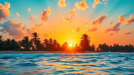 Tropical Beach Sunset with Palm Trees and Golden Sky