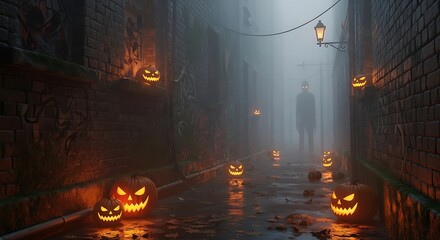 Spooky jack-o'-lanterns glowing in eerie alleyway with fog, Halloween night vibe