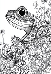 Detailed illustration of a frog surrounded by flowers in black and white