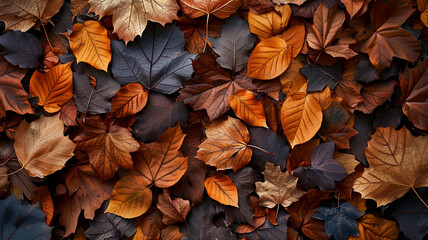 Golden leaves floating in a puddle with sky reflection.