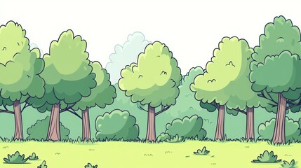 Cartoon forest scene with green trees and bushes under daylight sky