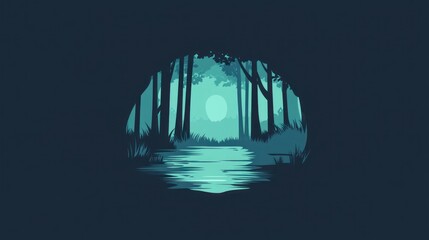 Tranquil forest scene with moon reflection illustration in minimal style