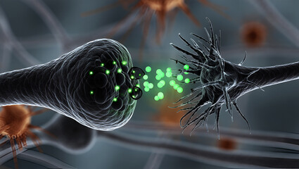 Neural synapse transmission glowing green particles neuron nerve