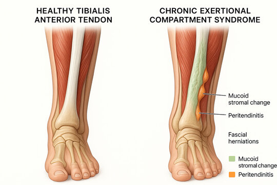 Anatomical illustration comparing a healthy tibialis anterior tendon with chronic exertional compartment syndrome, highlighting mucoid stromal change and peritendinitis.