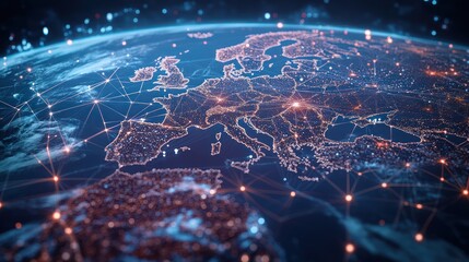 Digital network overlay on earth depicting global connectivity and data flow