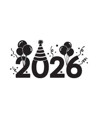 Vector art of silhouette of the year 2026 with balloons and a party hat