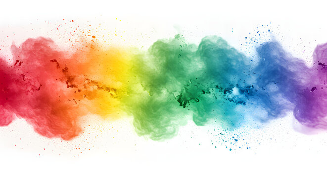 A dynamic, horizontal explosion of vibrant rainbow-colored powder suspended against a stark white background, capturing the essence of movement and energy.