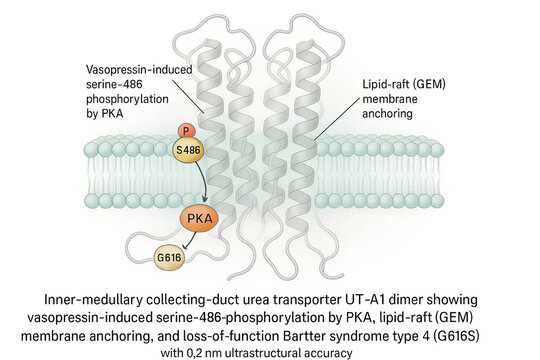 Inner-medullary collecting-duct urea transporter UT-A1 dimer with vasopressin-induced phosphorylation and Bartter syndrome mutation