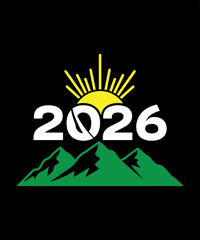 Vector art of sunrise over mountains with the year 2026, symbolizing a new dawn and fresh opportunities for the upcoming year
