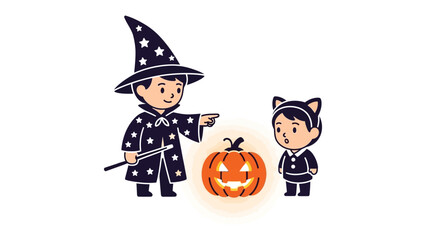 Halloween Spectacle: A whimsical Halloween scene featuring two children in charming costumes, one as a wizard and the other as a cat, alongside a vibrant, glowing jack-o'-lantern.