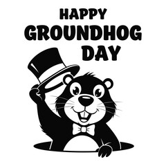 Happy groundhog day graphic with groundhog and top hat celebrating winter's end and spring's arrival silhouette