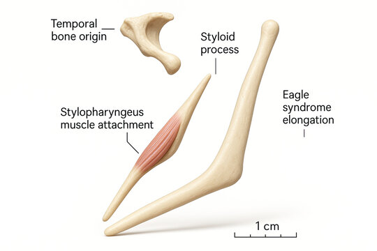 Anatomical illustration of Eagle syndrome, showing styloid process elongation and stylopharyngeus muscle attachment.