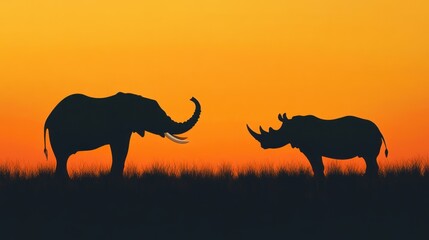 Silhouette of elephant and rhinoceros against golden sunset