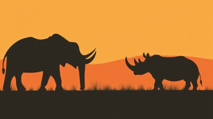 Silhouette of elephant and rhinoceros against orange sky illustration