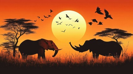 African sunset silhouette of elephant and rhinoceros with birds