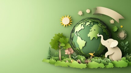 Paper craft illustration of earth elephant and nature elements on a green background