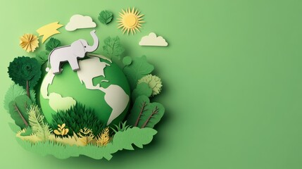 Paper craft illustration of planet earth with elephant and green foliage