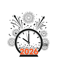 Vector art of clock striking midnight with fireworks, heralding the arrival of the year 2026 with anticipation