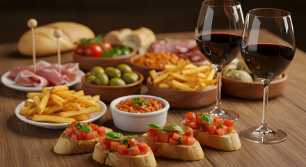 A close-up, eye-level, still life photograph captures a rustic wooden table laden with a vibrant assortment of Spanish tapas and red wine.