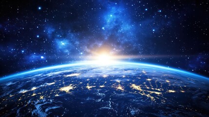 Obraz premium Earth and stars with a bright sun rise in space landscape background