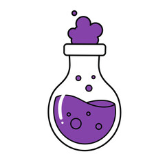 Cartoon illustration of a clear glass flask containing bubbling purple liquid, with a frothy overflow from the top.