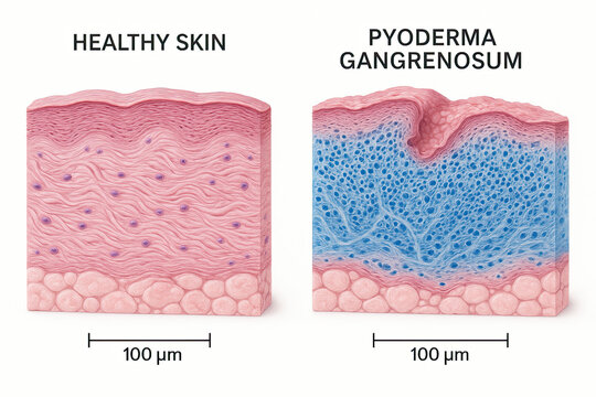 Microscopic comparison of healthy skin and pyoderma gangrenosum, illustrating cellular differences and structural integrity loss in the diseased tissue.
