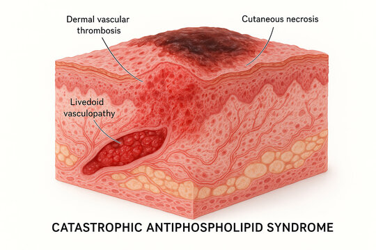 Close-up illustration of skin cross-section illustrating Catastrophic Antiphospholipid Syndrome with labels for Dermal vascular thrombosis, Livedoid vasculopathy, and Cutaneous necrosis.