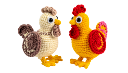 Adorable Knitted Hen Collection with Dual Yarn Styles, isolated on transparent background