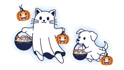 Spooky Friends Trick or Treating: A playful image of a ghost cat and a puppy, both joyfully engaging in the Halloween tradition of trick or treating.
