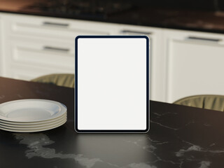 Tablet screen mockup with a clean kitchen background and soft reflective surface.