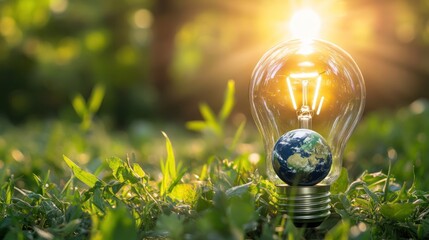 Illuminated light bulb with miniature earth in green environment