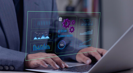 Businessman analyzing AI powered performance analytics data on dashboard interface. Artificial intelligence (BI) concept. Modern technology for tracking organizational growth and strategic planning.