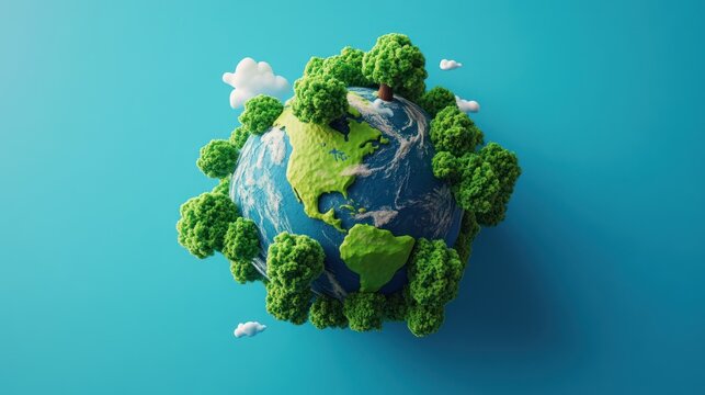 Miniature earth globe with trees and clouds on a bright blue background
