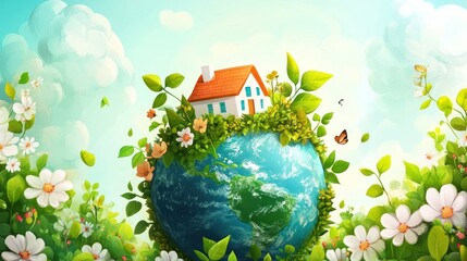 Animated earth with a house representing environmental protection concept