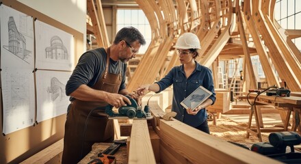 Carpenter and female architect collaborating on a wooden boat construction project.