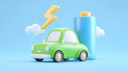 漫画の電気自動車と青色の背景を持つ電池