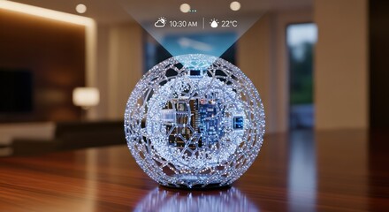Futuristic spherical smart home hub projecting a holographic interface in a modern interior.