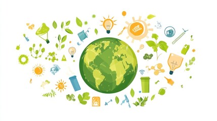 Cartoon illustration of earth surrounded by eco friendly elements isolated